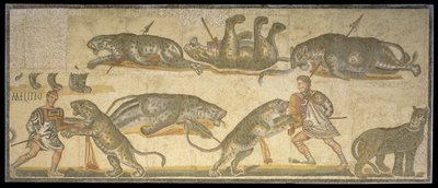 Strid mellan gladiatorer och vildkatter, 320 AD (mosaik) av Roman