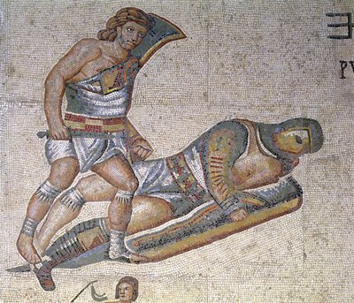 Battle between Gladiators, detalj av en gladiator som fäster en annan till marken, 320 AD (mosaik) av Roman