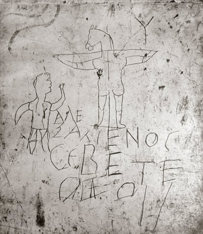 Hädad graffito av en korsfästelse (sten) av Roman