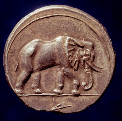 Karthagisk civilisation: medalj som representerar en elefant som tillät den karthagiske generalen Hannibal (247-183 f.Kr.) att korsa Alperna 218 f.Kr. under det andra puniska kriget. 3:e århundradet f.Kr. Paris, B.N. av Roman