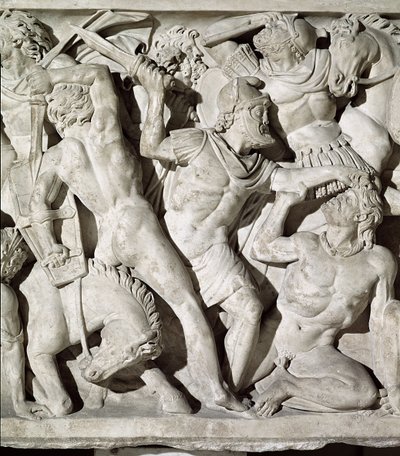 Detalj av en sarkofag som visar en strid mellan romarna och galaterna sten av Roman
