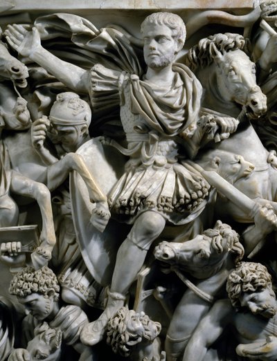 Ryttarporträtt av Hostilianus, son till kejsar Decius, tillsammans med hans vakter till häst, detalj från The Great Ludovisi-sarkofagen med relief som skildrar strid mellan romare och östgoter, ca 260, romersk civilisation, 300-talet av Roman