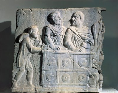 Fragment av sarkofag föreställande pengaväxlare, från Rom, Viale del Re av Roman