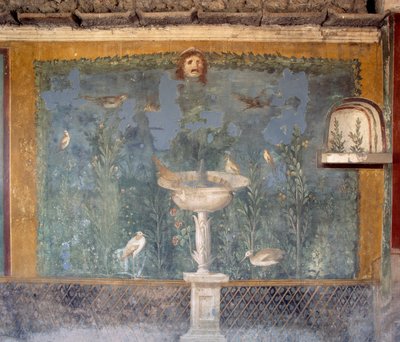 Fresk med fontän, mask och fåglar, House of Venus in Shell, Pompeii (Unescos världsarvslista av Roman