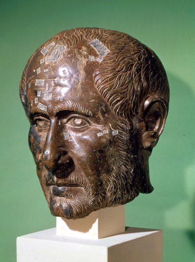 Huvud av Trajanus Decius (201-251) från Samisegetuza, Rumänien (brons) av Roman