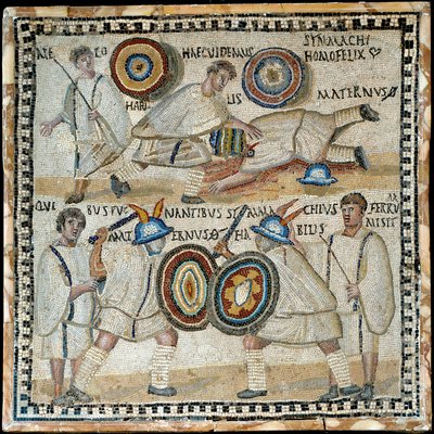 Mosaik som skildrar kampen mellan två hästar vid namn Simmachius och Maternus, romersk, 300-talet e.Kr. av Roman