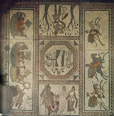 Mosaisk trottoar från den romerska villan i Low Ham, som illustrerar historien om Dido och Aeneas från Virgils Aeneid, ca 350 e.Kr. (mosaik) av Roman