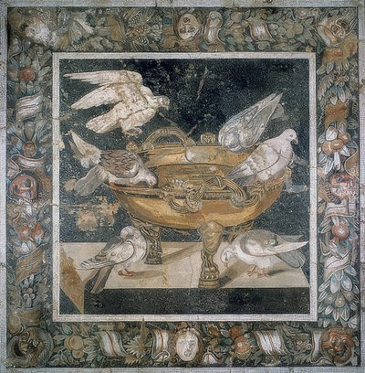 Mosaik från Pompeji med en grupp duvor på kanten av en labrum. 3:e århundradet f.Kr av Roman