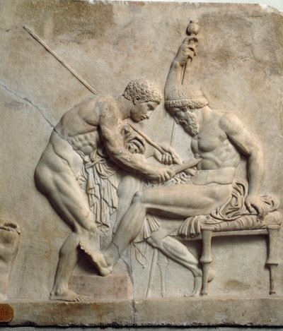 Neo-attic (neo attic): relief som föreställer Telephus (Telephos) som opereras av en kirurg - 1:a århundradet f.Kr., Från Ercolano (Herculanum) - Neapel, Museo Archeologico Nazionale - Telephus (eller Telephos) behandlad av en kirurg - Relief av Roman