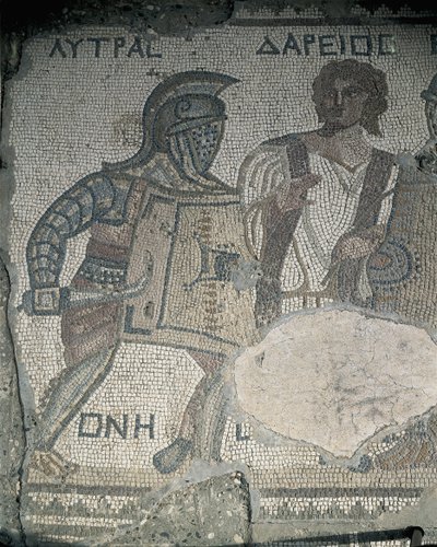 Målning av två gladiatorer på en mosaikvägg, Kourion, Limassol, Cypern av Roman