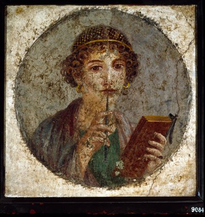 Porträtt antar av Sapho (eller sappho) grekisk poetess. Romersk kvinna med bok och penna (stylus eller stil), från Pompei, Neapel, Italien av Roman