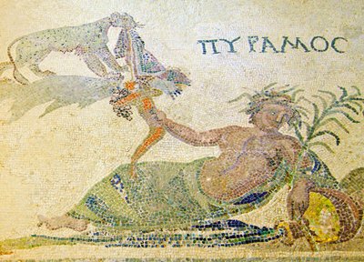 Pyramus och Thisbe, detalj av Pyramus och leoparden, Dionysos hus, Paphos, mosaik på Cypern av Roman