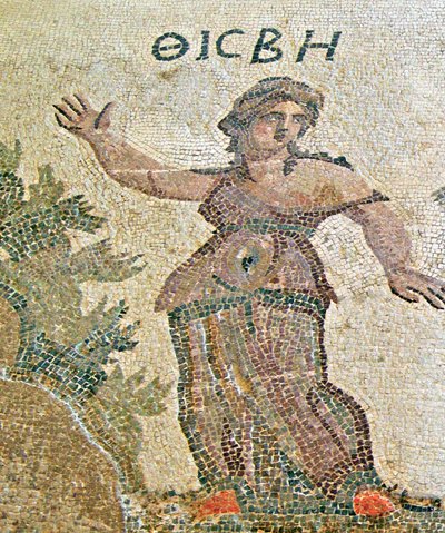 Pyramus och Thisbe, detalj av Thisbe, Dionysos hus, Paphos, mosaik på Cypern av Roman
