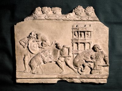 ROMERSK KONST: Basrelief i terrakotta föreställande tre gladiatorer som kämpar mot en ... av Roman