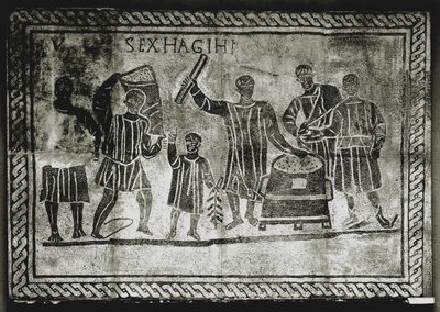 ROMERSK KONST: Mätning av sädeskornet (majs). Majsutdelningen som Gaius Gracchus ..., 200-talet e.Kr (mosaik) av Roman