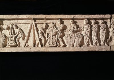 Relief som skildrar staplingen av bröd i korgar och tar dem för vägning. från bagaren Euryaces grav, Porta Maggiore, Rom, ca. 50-20 BC50-20 av Roman
