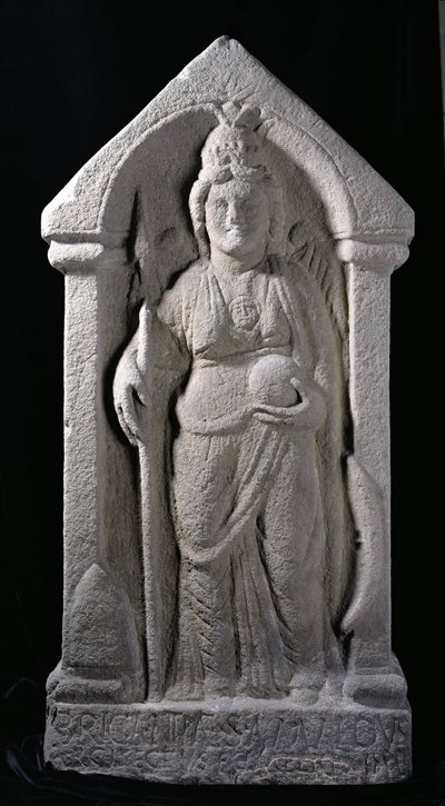 Reliefskulptur som visar Brigantia, en nordbrittisk infödd gudinna, som en romersk gudinna, från Birrens, Middlebie, Dumfriesshire (sten) av Roman