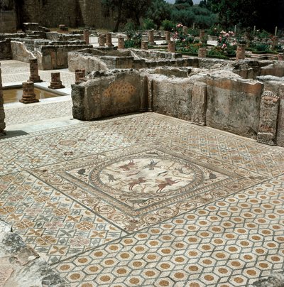 Rester av mosaikerna i den romerska staden av Roman