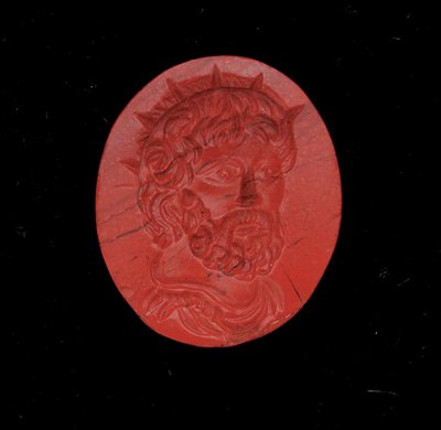 Ring med ett porträtt av kejsaren Postumus (röd jaspis) av Roman