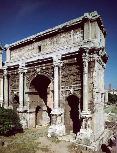 Romersk konst: Triumfbågen av den romerske kejsaren Septime Severus (Lucius Septimius Severus) (146-211) realiserad 203 AD, Forum Romanum, Rom av Roman