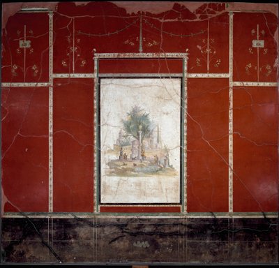 Romersk konst: "" Bukoliskt landskap och heligt "" Fresk tillskriven mästaren på Amando. från Boscotrecase, Agrippa Postumo villa. 1:a århundradet. Mått 153x98 cm Neapel, Arkeologiska museet av Roman