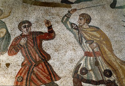 Romersk konst: Detalj av mosaiken "" Den stora jakten"" En romersk aristokrat straffar en av sina slavar med en pinne. 315-350 e.Kr. Piazza Armerina, Villa Romana del Casale av Roman