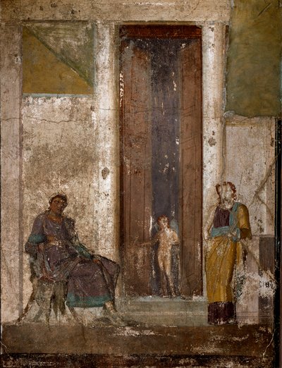 Romersk konst: ”Eros övertalar Helene att älska Paris” ”Fresco från Pompei. 1:a århundradet. Neapel, Arkeologiska museet av Roman