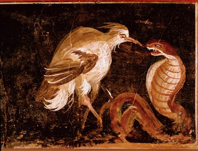 Romersk konst: "" Kampen mellan en häger och en kobra"" Romersk fresk från Epigrammens hus, Pompeji, Italien (Fight between a heron and a cobra, fresk från casa degli Epigrammi, Pompeji) 60-80 e.Kr. av Roman