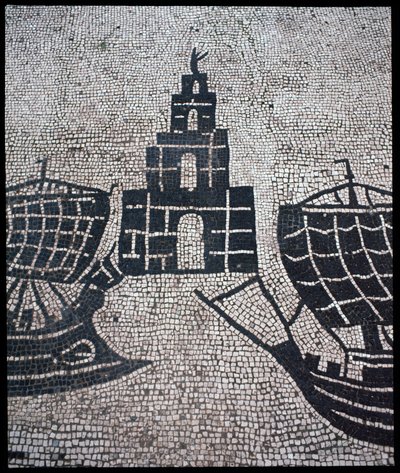 Romersk konst: "" Lighthouse and Ships"" Mosaik av Corporation des gens de la mer, Place des Corporations av Roman