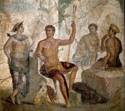 Romersk konst: "" Meleagre och Atalante""" romersk fresk från 1000-talet e.Kr. från Pompeji. Neapel, National Archaeological Museum - Romersk konst: Meleager och Atalanta. Romersk fresk från 1:a århundradet e.Kr. från Pompeji. National Archaeological Museu av Roman