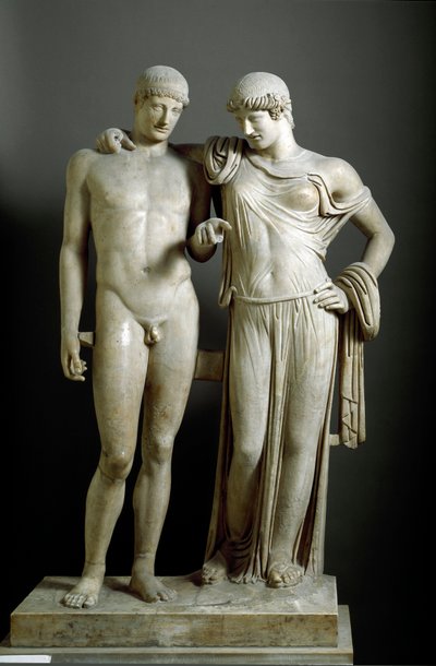 Romersk konst: "" Oreste et Electre "" - Marmorskulptur från Pozzuoli (Pozzuoli) 1:a århundradet e.Kr., Dim. 160 cm - National Archaeological Museum, Neapel - Romersk civilisation: Electra och Orestes - Marmorskulptur (H. 160 cm) av Roman