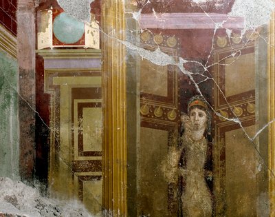 Romersk konst: "" Porträtt av en kvinna i entrén till en dörr"" Detalj av en fresk av villan av Fabio Rufo (Marcus Fabius Rufus) 1:a århundradet e.Kr. Pompei, Italien av Roman