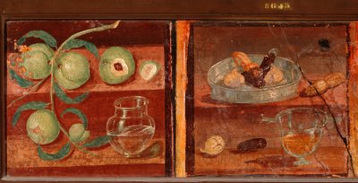 Romersk konst: "" Stilleben av persikor och torkad frukt"" Romersk fresk från Pompeji. 1:a århundradet f.Kr.-1:a århundradet e.Kr. Bevara på National Archaeological Museum of Neapel. Italien av Roman