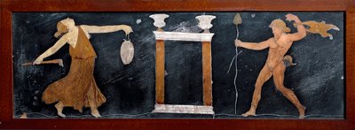 Romersk konst: "" Dansen av en menad och en satyr nära ett litet tempel""" Marquetery från Pompei. Dämpa. 23x67 cm Museo Archeologico Nazionale, Neapel av Roman