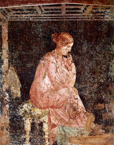 Romersk konst: "" Ung kvinna sitter"" (Sittande ung dam) Romersk fresk av den 3:e pompeianska stilen från Pompei (fresk från Pompeji) 40-60 e.Kr. av Roman