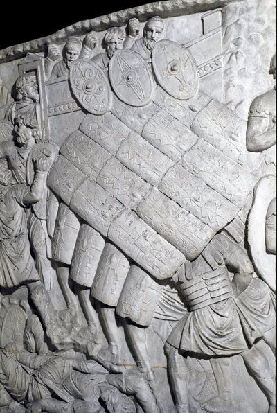Romersk konst: "" angrepp av romarna under första kriget"" Form från 1862 som återger basrelieferna av kolonnen Trajanus (kolonn Trajanus) (Colonna Traiana) i Rom byggd under kejsar Trajanus (53-117) regeringstid. (låg lättnad) av Roman