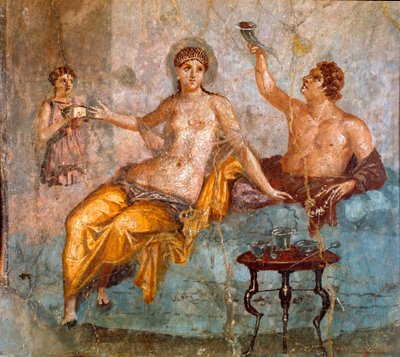 Romersk konst: bankettscen, en ung man och en kurtisan (en bankett i det antika Rom, en ung man och en kurtisan) Romersk fresk av den 4:e pompeianska stilen från platsen för Ercolano (Herculanum eller Herculaneum) 60-80 AD Dim 65x66 cm Presenteras på Natio av Roman