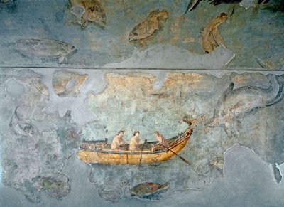 Romersk konst: "" fiskare på en båt""" Fresk från ett hus som ligger nära en flodhamn i Rom. 131 e.Kr. Rom, Museo Nazionale Romano (o delle Terme) av Roman