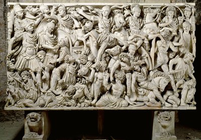 Romersk konst: sarkofag Ludovisi med stridsscen mot romarna mot barbarerna - 3:e århundradet e.Kr., Dim. 153x273 cm - Rom, Museo Nazionale Romano - Ostiliano, son till kejsar Decius (201-51 e.Kr.) omgiven av kavalleri, från slaget mellan romarna och av Roman