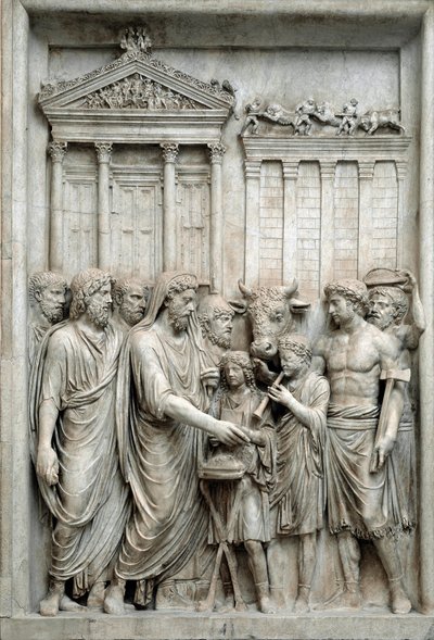 Romerske kejsaren Marcus Aurelius offrar inför Jupitertemplet, Rom, ca 161-180 (marmorrelief) av Roman