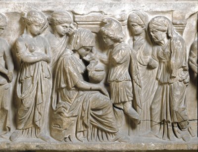Romersk antikvitet: "" Phedrus sorg i kärlek och stött bort av Hippolyte"" Låg relief av sarkofag kallad "" Phedrus och Hyppolite"". 3:e e.Kr. Palermo, Museo Archeologico Nazionale av Roman