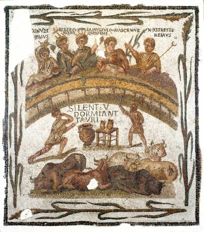 Romersk antiken: "" Bankettscen för amfiteaterns brödraskap""" Mosaik som kommer från El Djem (eller Jem) i Tunisien. 3:e århundradet e.Kr. Dämpa. 131x145 cm Musée du Bardo, Tunis av Roman