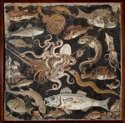 Romersk konst: ""Marin fauna"" Mosaik från 200-talet. Neapel, Arkeologiska museet, inv. 120177 - Romersk konst: Marint liv. Mosaik från 200-talet f.Kr. Arkeologiska museet, inv. 120177, Neapel, Italien. av Roman