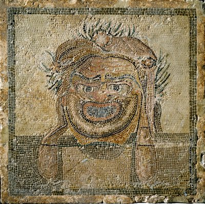 Romersk konst: romersk teatermask. Mosaik från Ampurias (Empúries). 2:a århundradet e.Kr. Spanien Empurias museum av Roman
