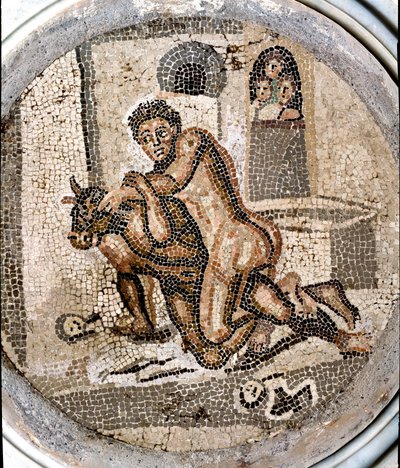 Romersk konst: "" Dessa kämpar mot minotauren""" Mosaik från platsen för Pompei. 1:a till 3:e århundradet e.Kr. Neapel, Museo Archeologico Nazionale av Roman