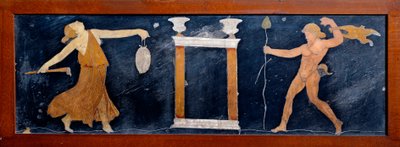 Romersk konst: ett hot och en satyr som dansar nära ett tempel. Fresk från Casa dei Capitelli dorati i Pompei. 1:a århundradet e.Kr. Neapel, arkeologiska museet av Roman