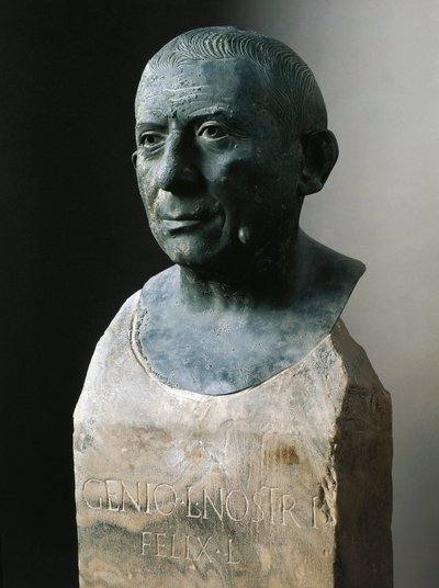 Romersk konst: byst av bankiren Lucius Caecilius Iucundus (cirka 20-69 e.Kr.) Bronsskulptur. 1:a århundradet e.Kr Från Pompeji. Neapel, Museo Nazionale Archeologico av Roman