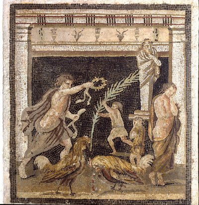 Romersk konst: tuppfäktning i en palestra i närvaro av personifieringarna av nederlag och seger. Mosaik från Villa du Labyrinth i Pompei. 2:a stilen. Dämpa. 46x42 cm Museo Archeologico Nazionale, Neapel av Roman