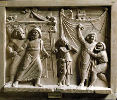 Romersk konst: komedi teaterscen (komedi) av stycket "Andria" av Terence (Publius Terentius Afer) (185-159 f.Kr.), relief från Pompei - Museo Archeologico Nazionale Neapel - Scen för den grekiska komedin Andria, av Terence (Publius Terentius Afer) (195/185 av Roman