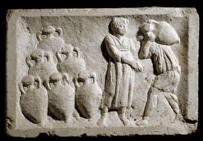 Romersk konst: "" lastning och stuvning av vinkannor""" Relief. 2:a århundradet e.Kr. Rom, museum för romersk civilisation av Roman